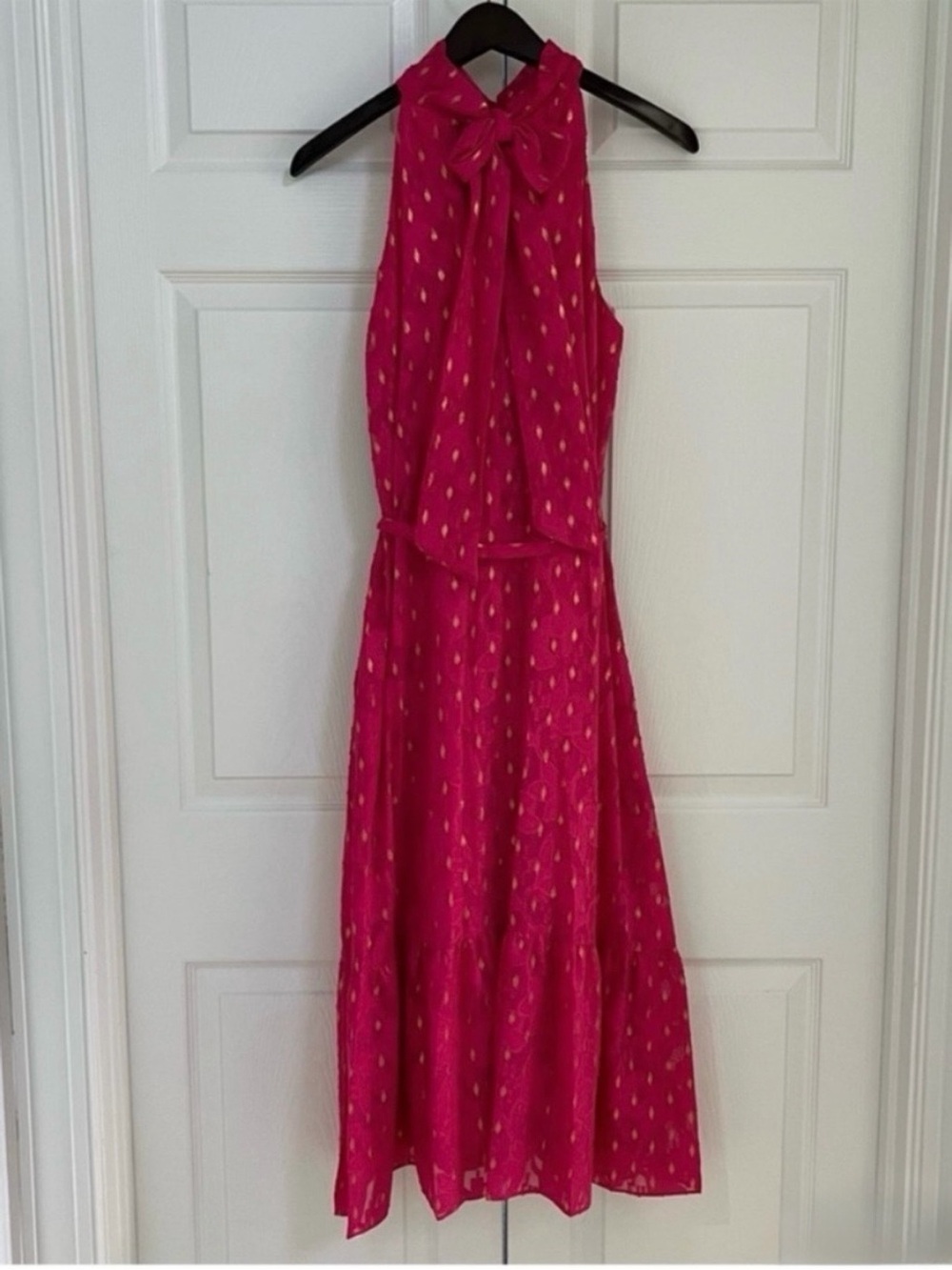 DONNA RICCO Foil Dot Tiered Maxi Dress Pink Berry Gold Foil
NWT Size 4